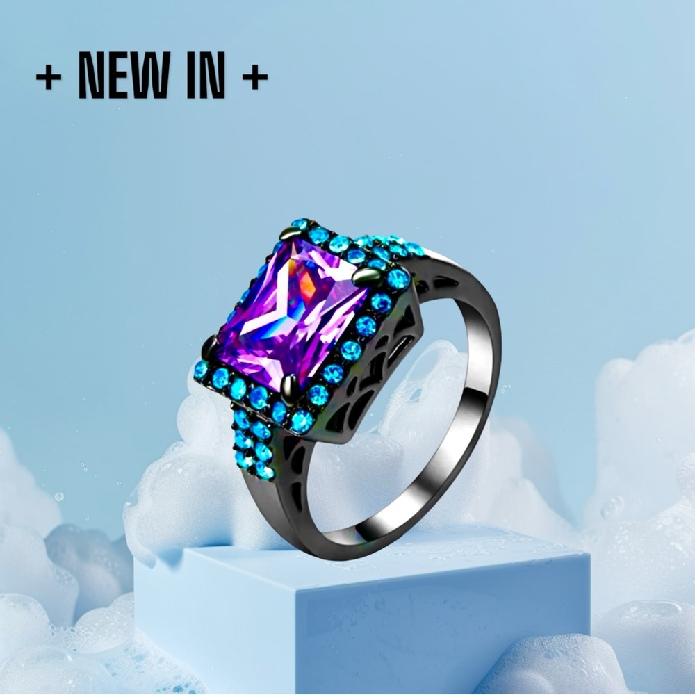 New Black Gold Plated Sterling Silver Square-Cut Lab-created amethysts Ring